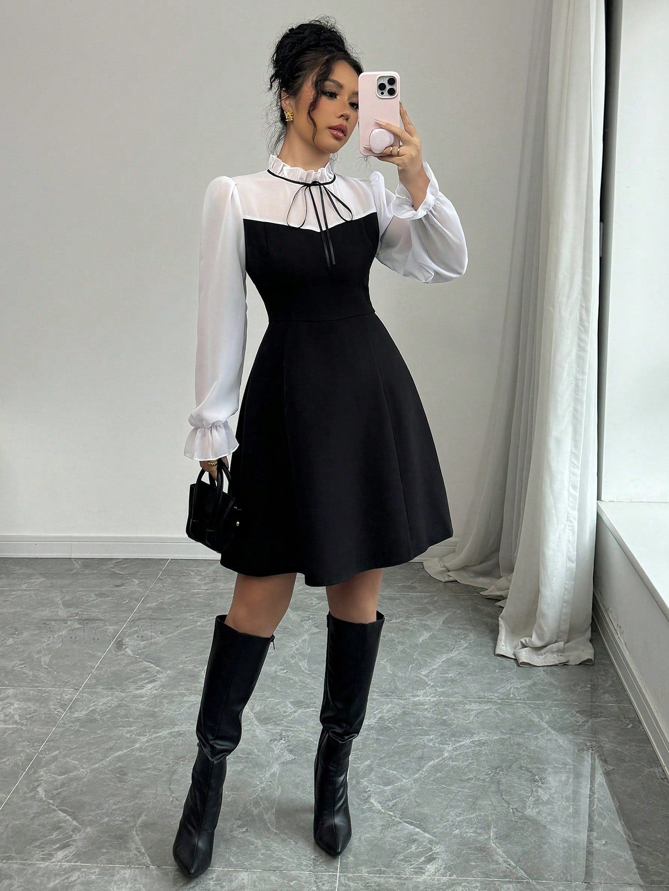 Women’s Woven Fabric Long Sleeve Dress, Stand Collar Tie Detail, Ruffle Hem Design, 1 Piece, For Autumn Wear