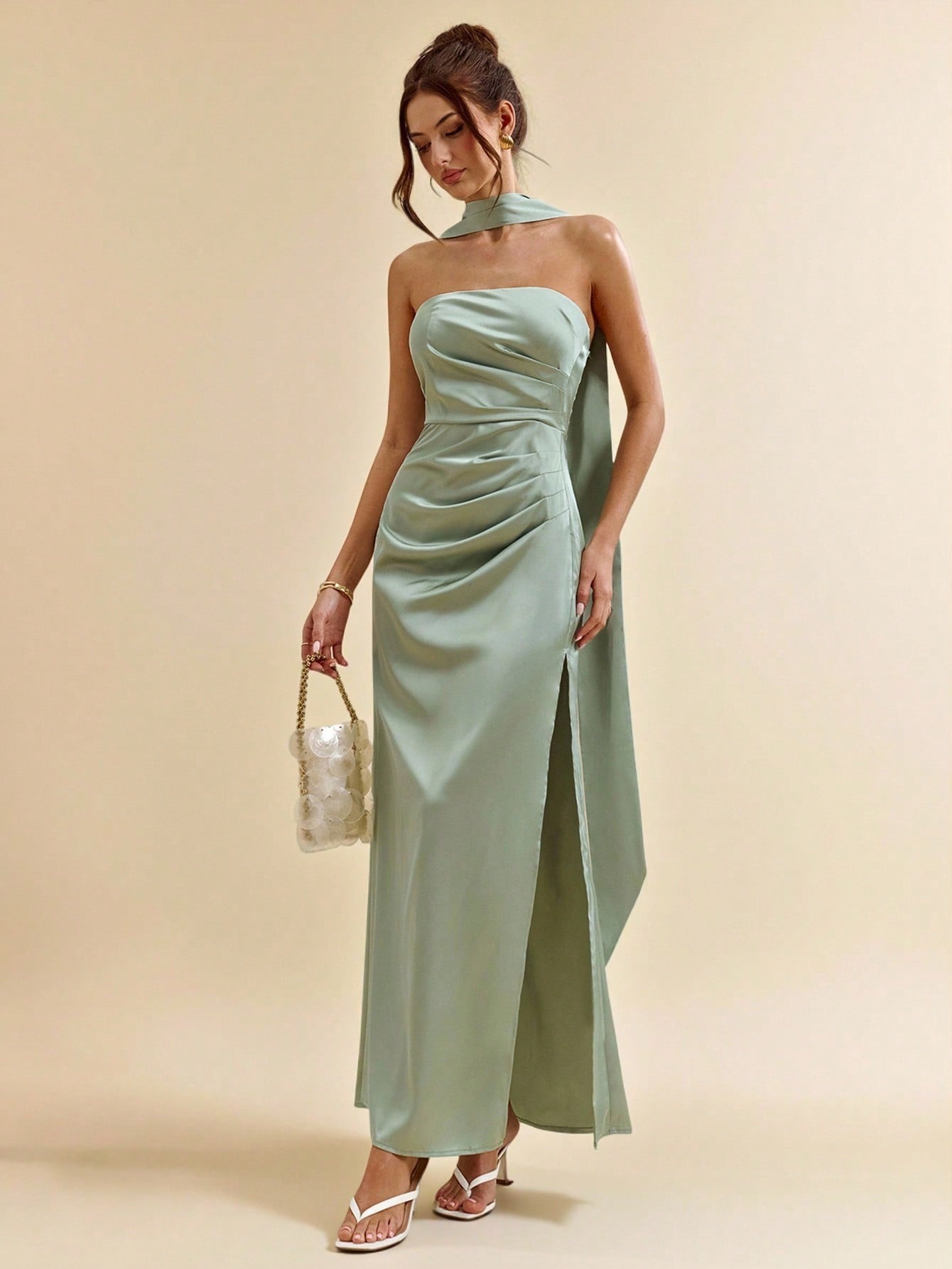 Green Halter Ribbon Backless High Slit Satin Mermaid Dress for Weddings and Special Events