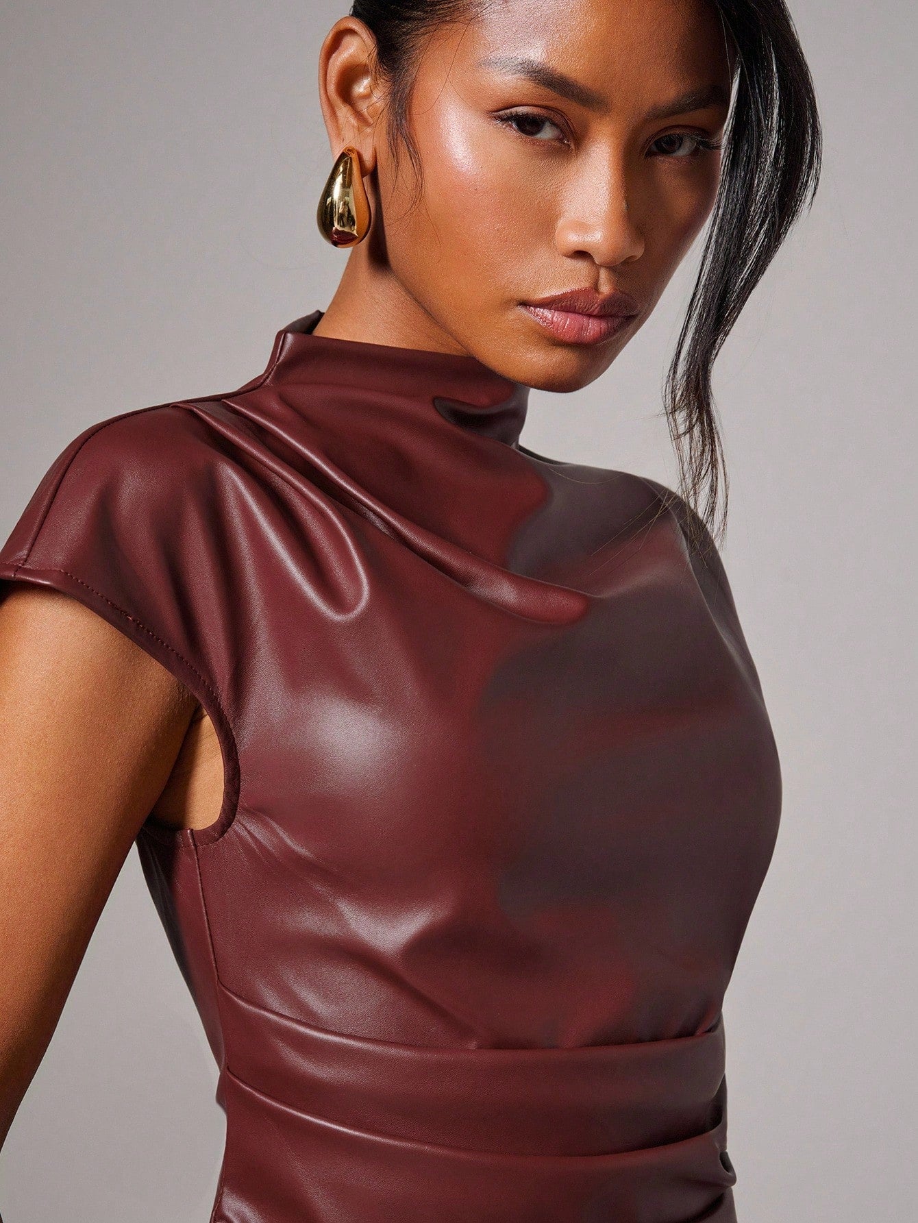 Women’s PU Fabric Mini Dress, Pleated Design, Solid Pattern, 1 Piece, For Commuting Wear