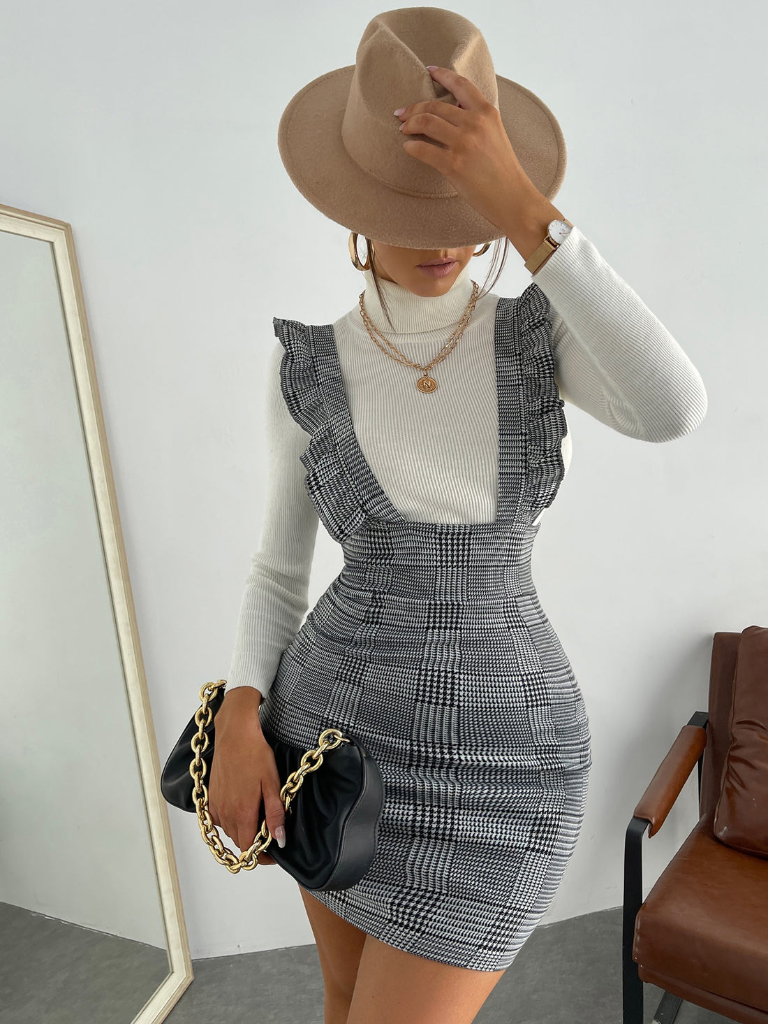 Women’s Woven Fabric Overall Dress, Sleeveless Design, Ruffle Trim Detail, Plaid Pattern, 1 Piece, For Casual Daily Wear