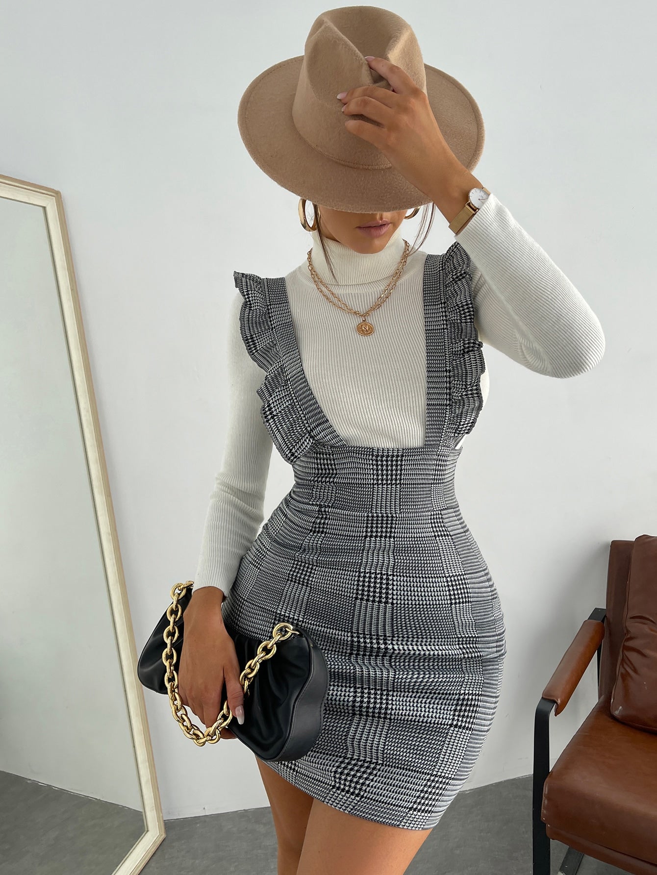 Women’s Woven Fabric Overall Dress, Sleeveless Design, Ruffle Trim Detail, Plaid Pattern, 1 Piece, For Casual Daily Wear