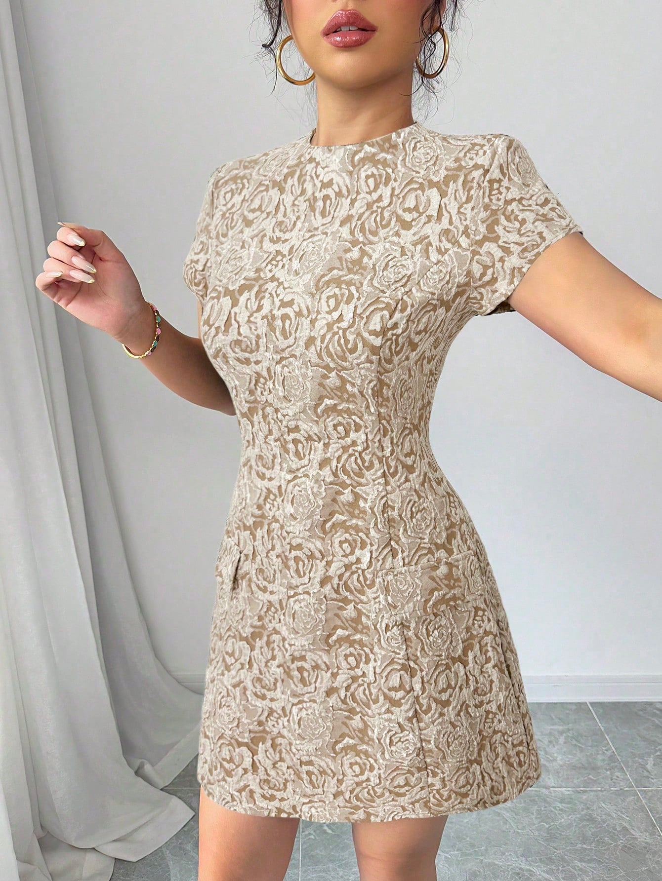 Women’s Jacquard Fabric Short Dress, Decorative Pattern Detail, 1 Piece, For Everyday Wear