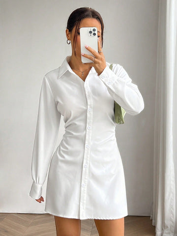 Women’s Woven Fabric Long Sleeve Dress, Shirt Collar Design, Solid Pattern, 1 Piece, For Daily and Work Wear