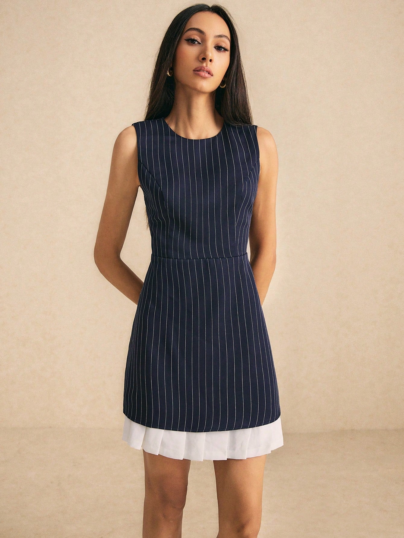 Women’s Woven Fabric Dress, Striped Pattern with Contrast Hem Design, 1 Piece, For Work and Daily Wear