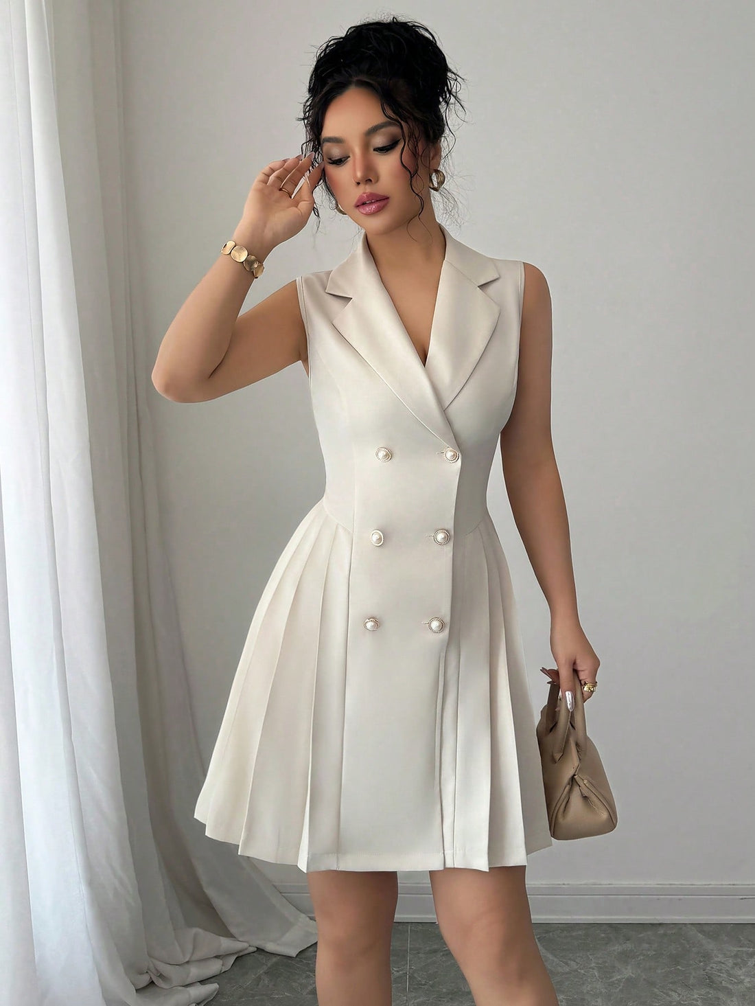 Women’s Woven Fabric Short Dress, Sleeveless Double Breasted Design, Solid Pattern, 1 Piece, For Work and Daily Wear