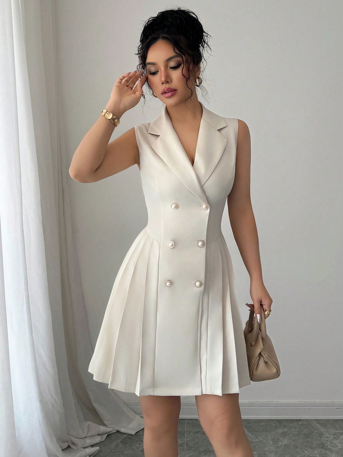 Women’s Woven Fabric Short Dress, Sleeveless Double Breasted Design, Solid Pattern, 1 Piece, For Work and Daily Wear