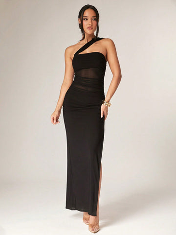 Asymmetric Neck High Slit Stretch Mesh Dress for Summer, Brunch, and Beach Wear