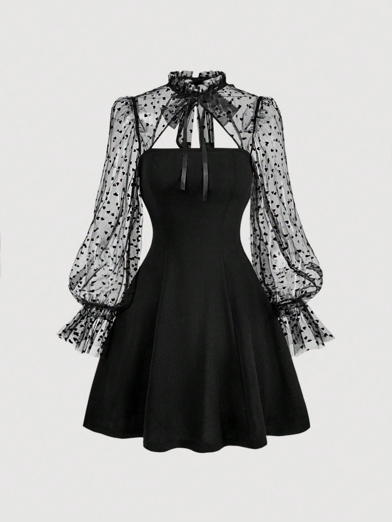 Black Long Sleeve Dress with Contrast Mesh Detail Flare Sleeves Tie Neck and High Collar Design