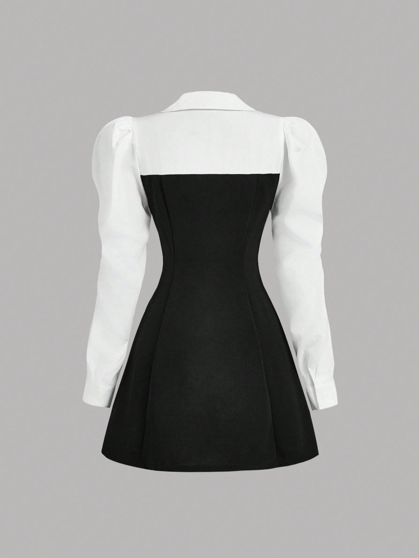 Black and Blue Color Block Shirt Dress with Puff Sleeves Short Length for Everyday Wear