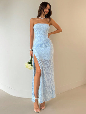 Knit Midi Dress with Floral Cutout Detail, Backless Design, and High Slit for Wedding Guest, Holiday, and Graduation Occasions