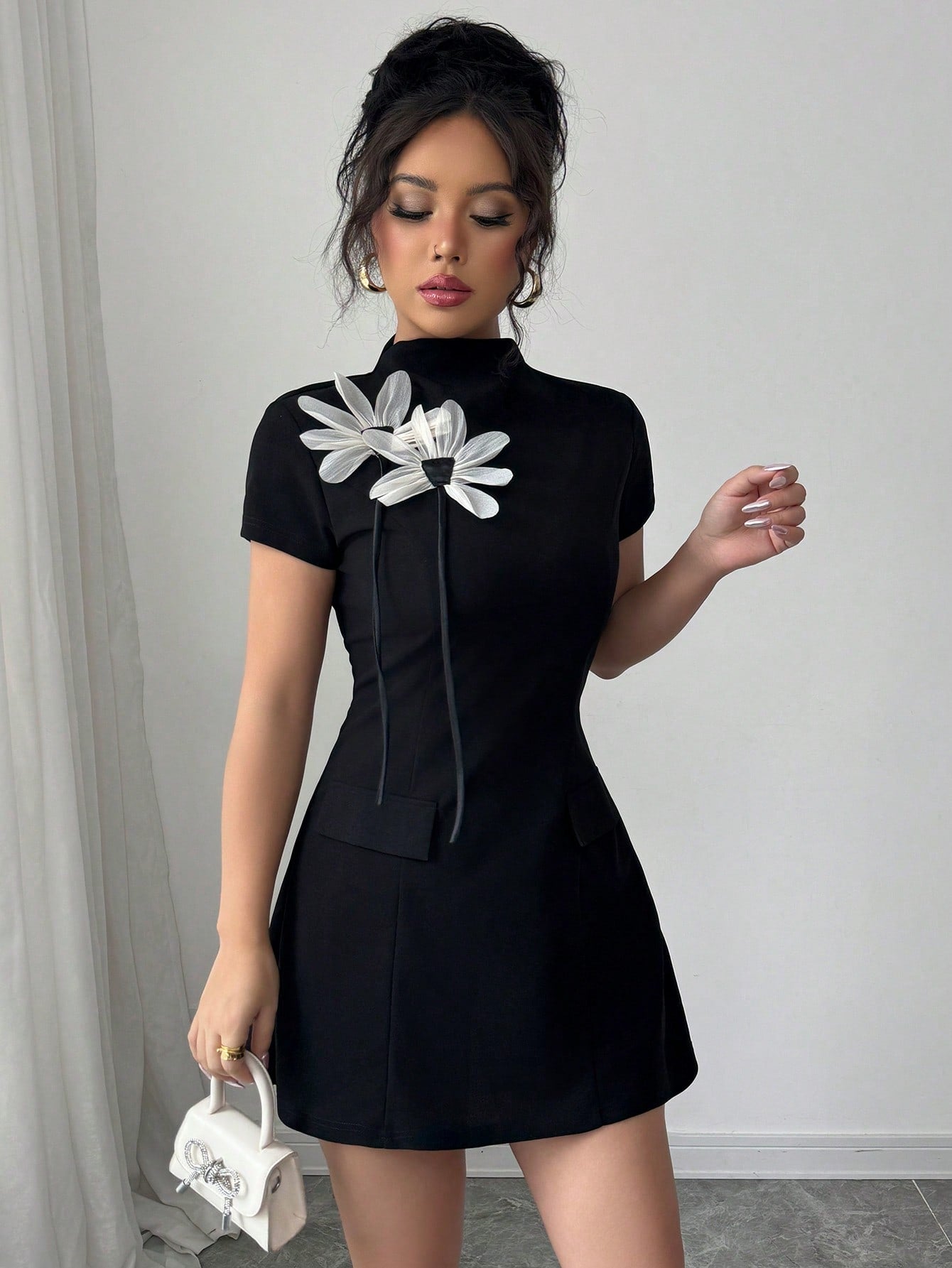 Women’s Woven Fabric A-Line Mini Dress, Vintage-Inspired Floral Decoration, 1 Piece, For Daily Wear