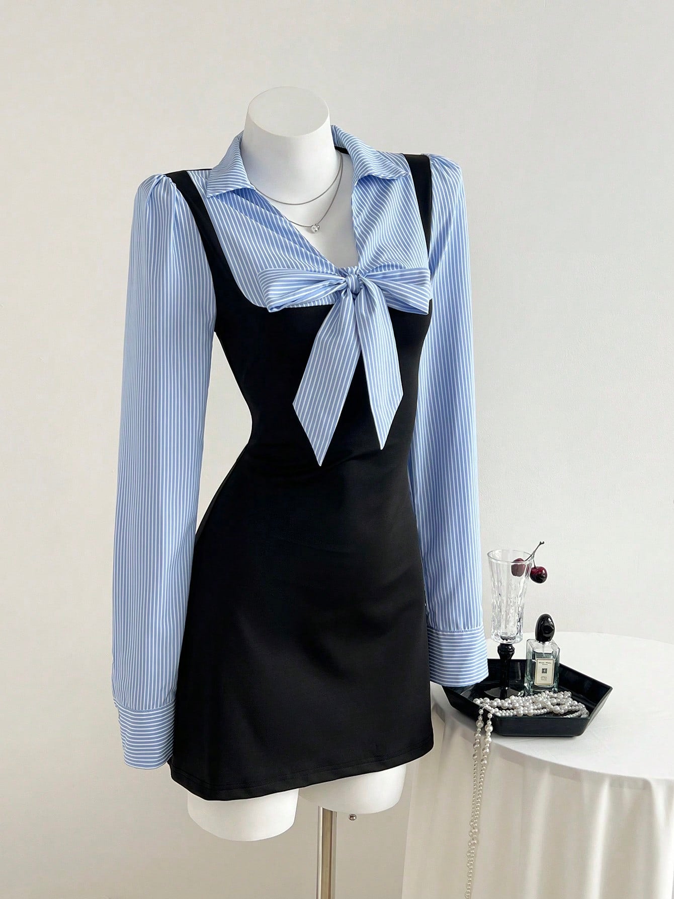 Women’s Woven Fabric Short Dress, Long Sleeve Design with Tie Detail, Color Block Striped Pattern, 1 Piece, For Autumn and Winter Wear