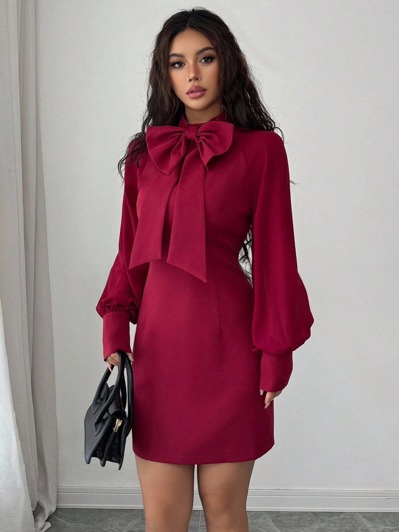 Bow Knot Collar Lantern Sleeve Mini Dress with Clean Structured Design for Everyday Wear