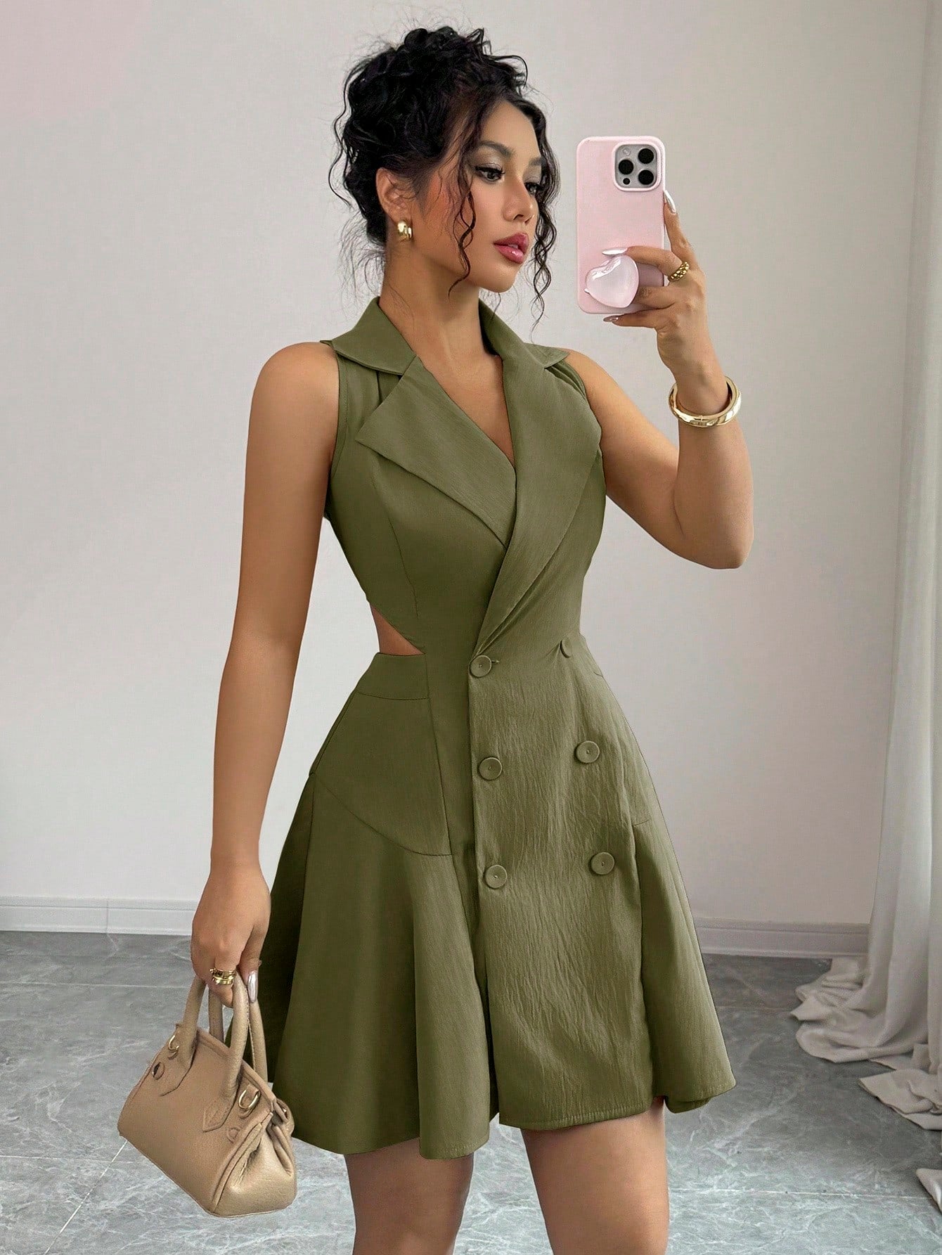 Women’s Woven Fabric Sleeveless Dress, Double Breasted Design, Solid Pattern, 1 Piece, For Commuting and Daily Wear