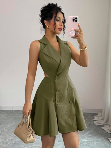 Women’s Woven Fabric Sleeveless Dress, Double Breasted Design, Solid Pattern, 1 Piece, For Commuting and Daily Wear