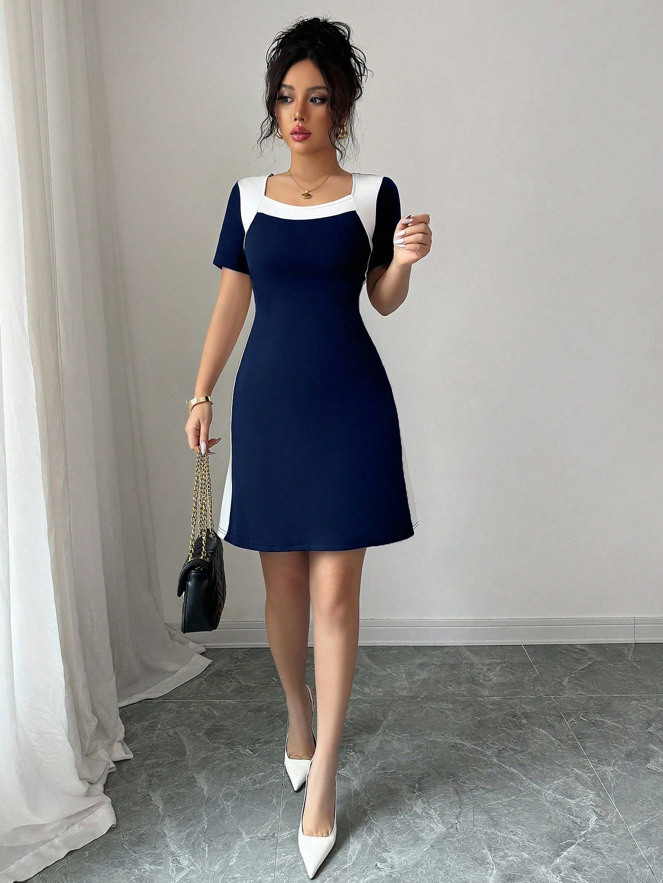 Women’s Woven Fabric Short Sleeve Dress, Square Neck Design, 1 Piece, For Spring and Summer Wear