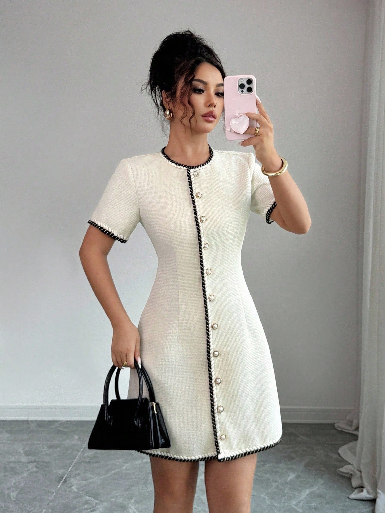 Women’s Woven Fabric Short Dress, Round Neck Design with Button Detail and Waist Trim, 1 Piece, For Spring and Summer Wear