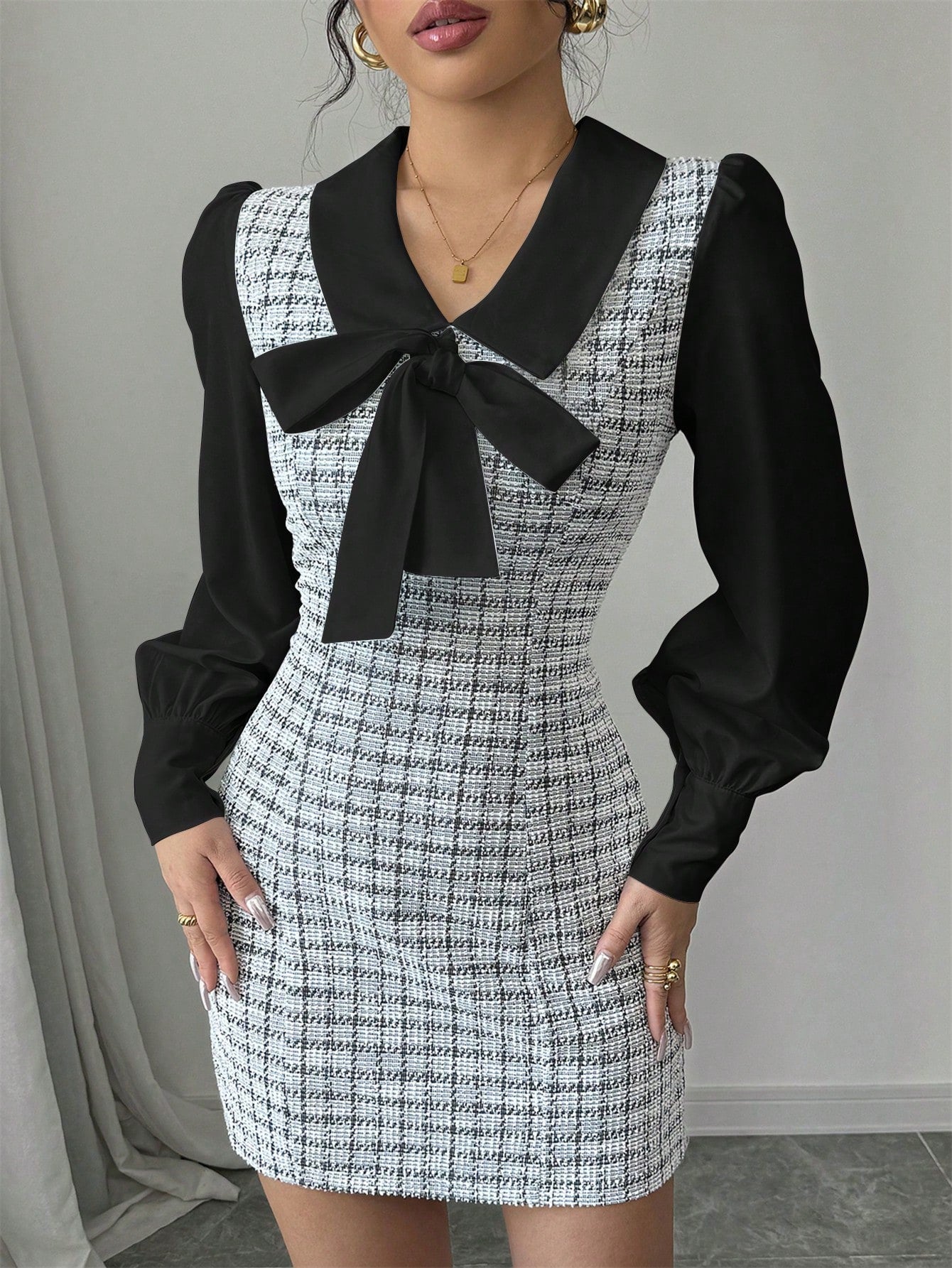 Women’s Woven Fabric Dress, Color Block Patchwork Design, Bow Detail, 2 In 1 Style, 1 Piece, For Autumn Wear