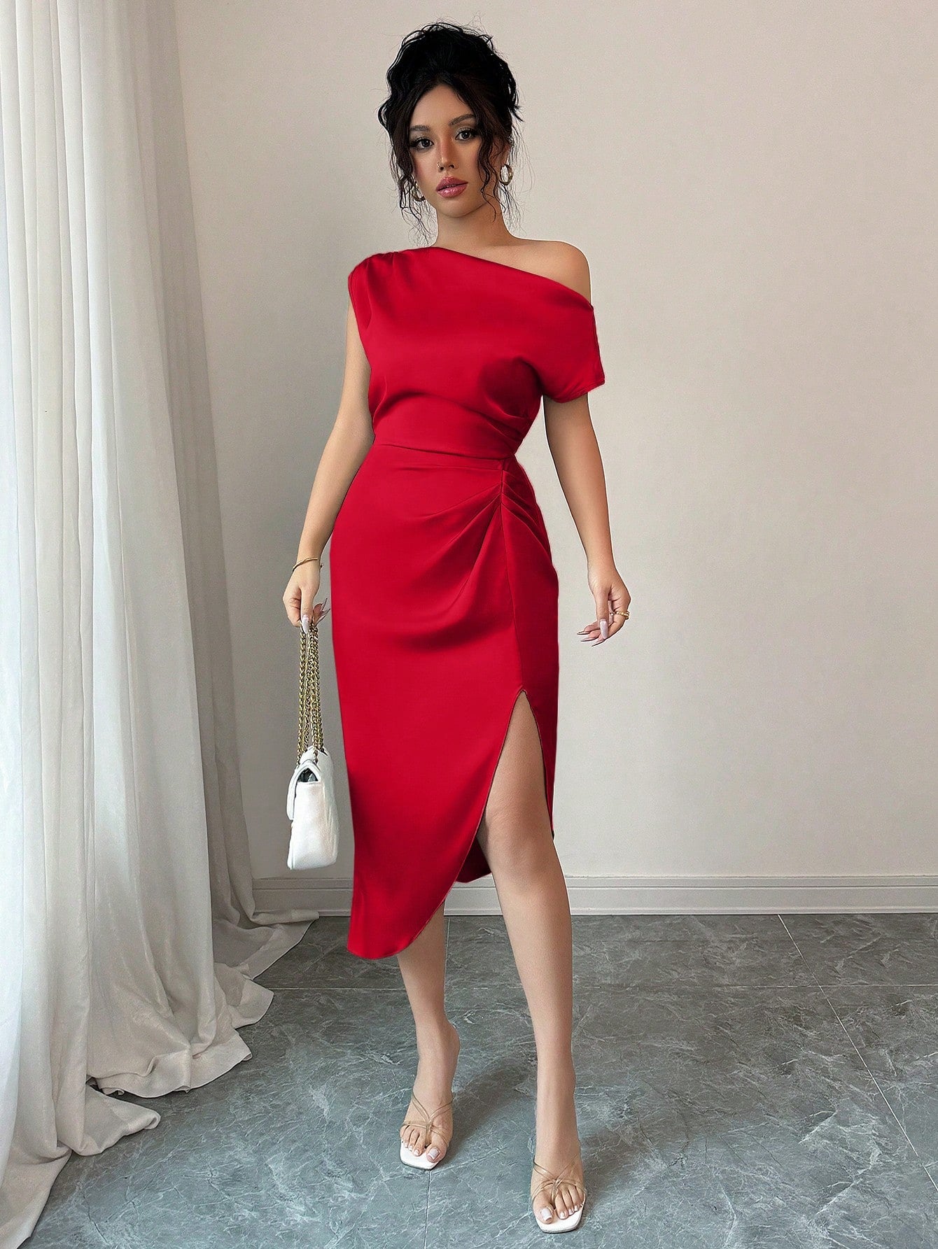 Asymmetric Neckline Ruched Satin Dress for Dates, Birthday Parties, Weddings, and Homecoming Events