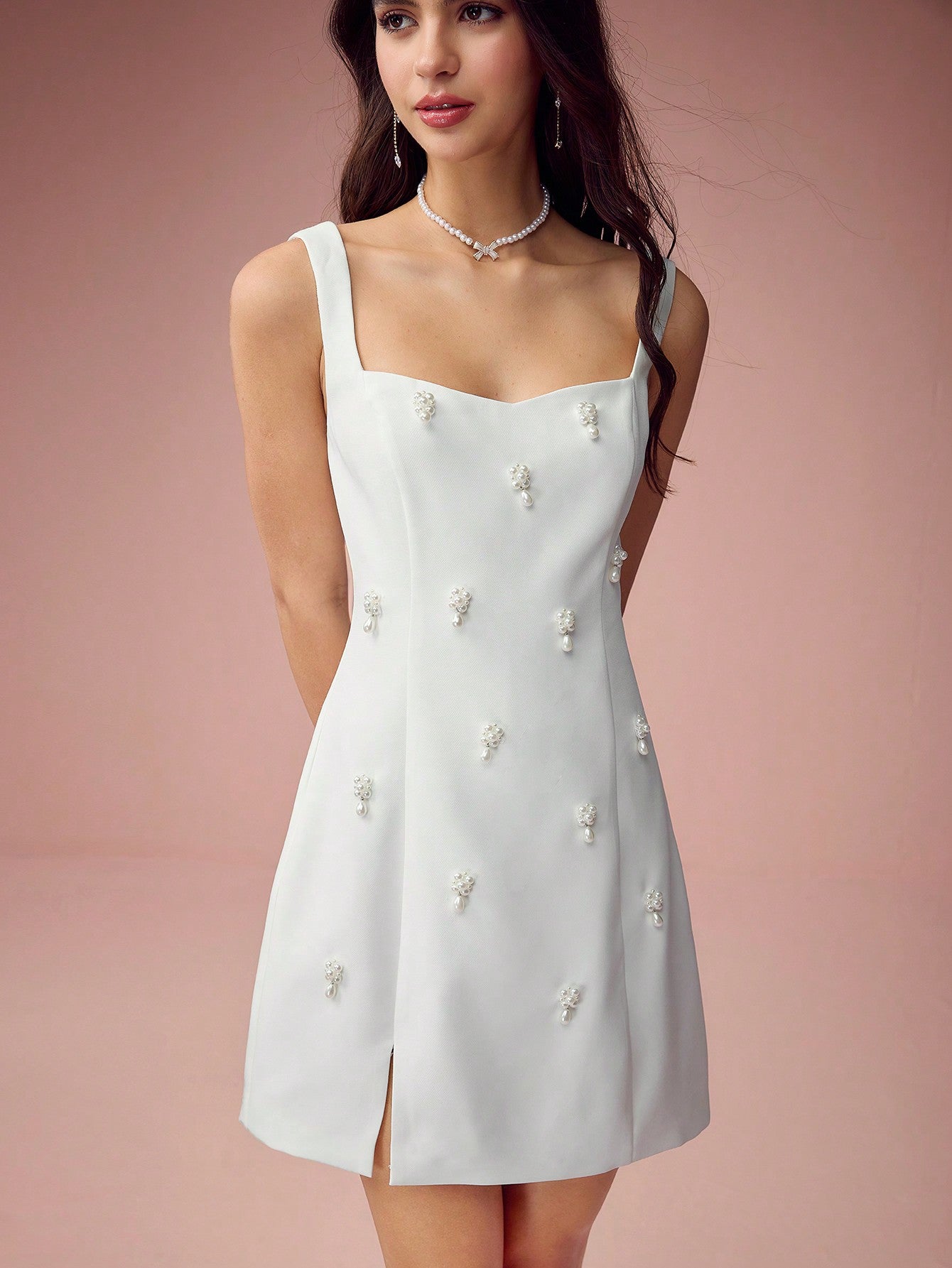 Sleeveless Mini Dress with Pearl Decoration for Birthday, Holiday, Daily Commuting, and Garden Parties