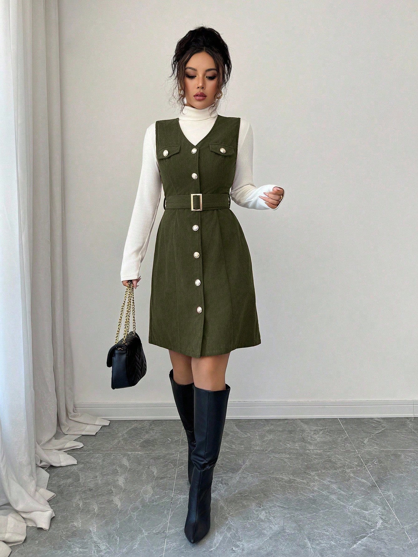Women’s Textured Fabric Mini Dress, Sleeveless V-Neck Design with Button Detail, 1 Piece, For Daily Wear