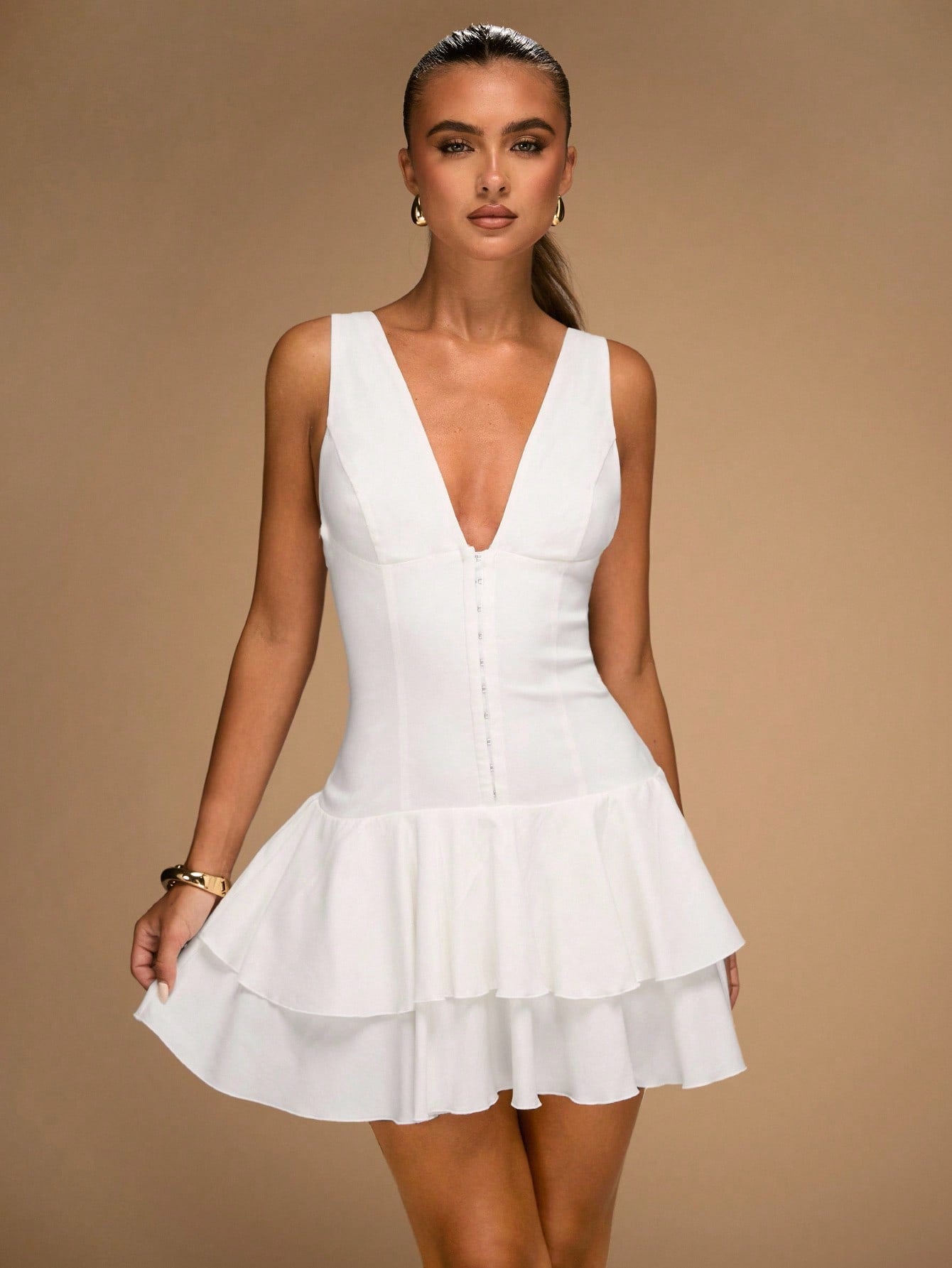 Deep V-Neck Backless Short Dress with Ruffled Hem for Party and Elegant Wear