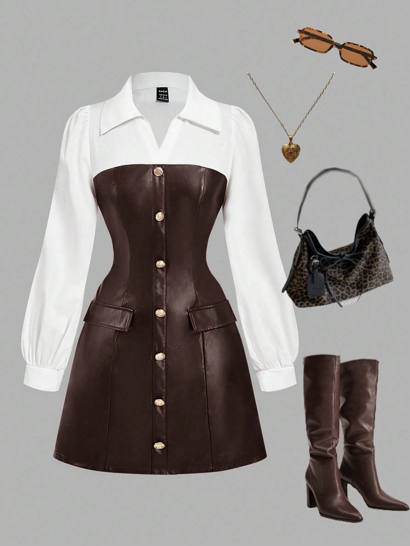 Military Green Patchwork Shirt Dress with PU Leather Detail Casual Design