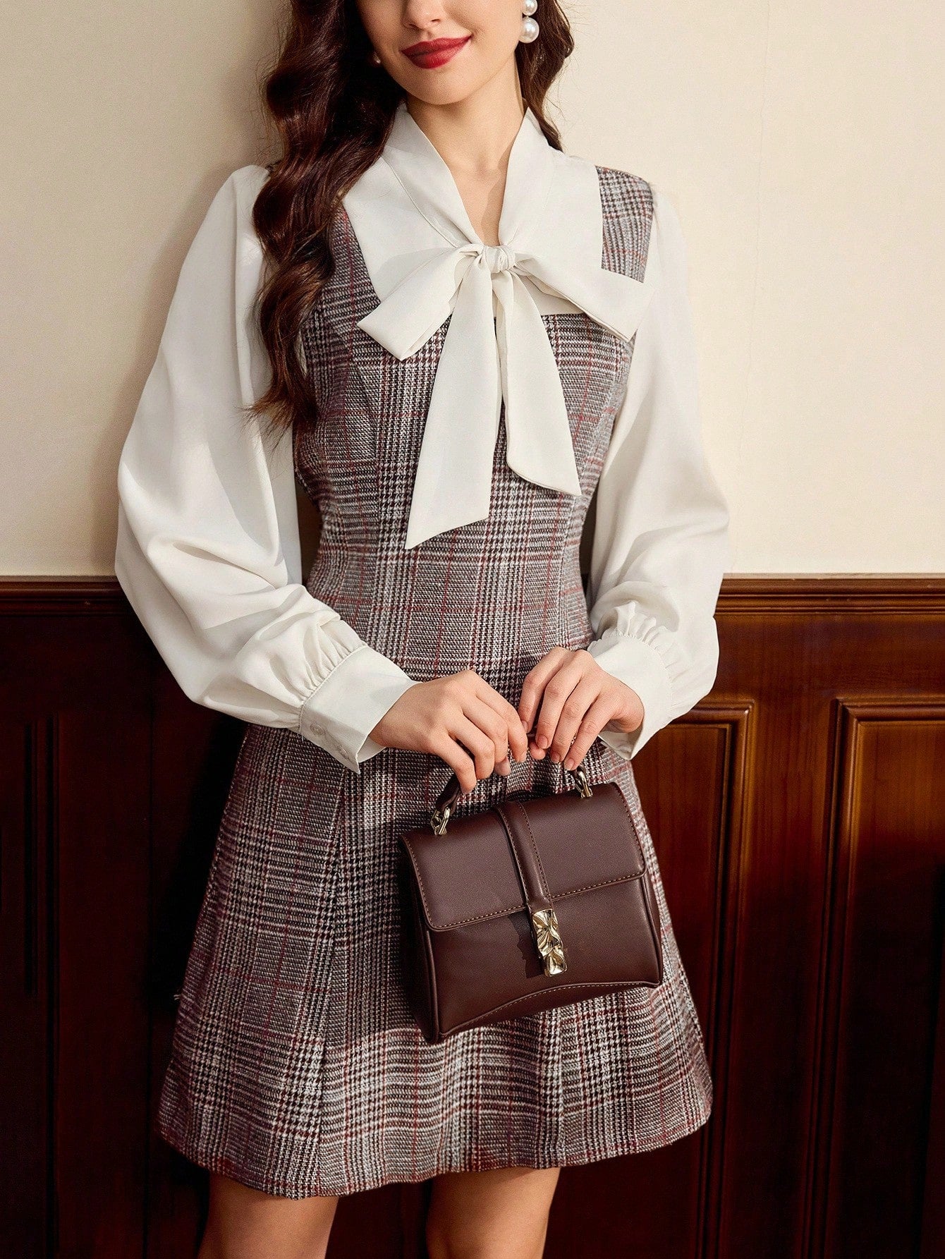 Women’s Woven Fabric Dress, Long Sleeve Collar Design, Plaid Pattern, 2 In 1 Style, 1 Piece, For Autumn and Winter Wear