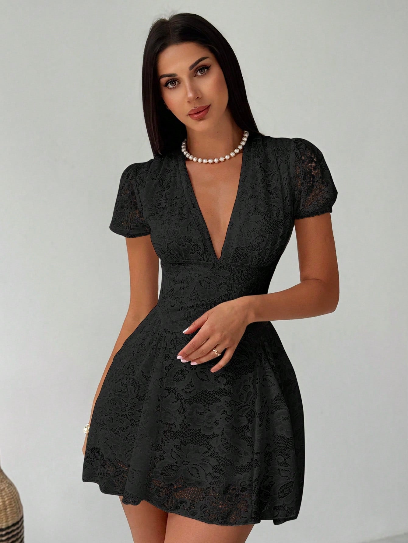 Women’s Woven Fabric Mini Dress, V-Neck Design with Puff Sleeve and Lace Detail, 1 Piece, For Spring and Summer Wear