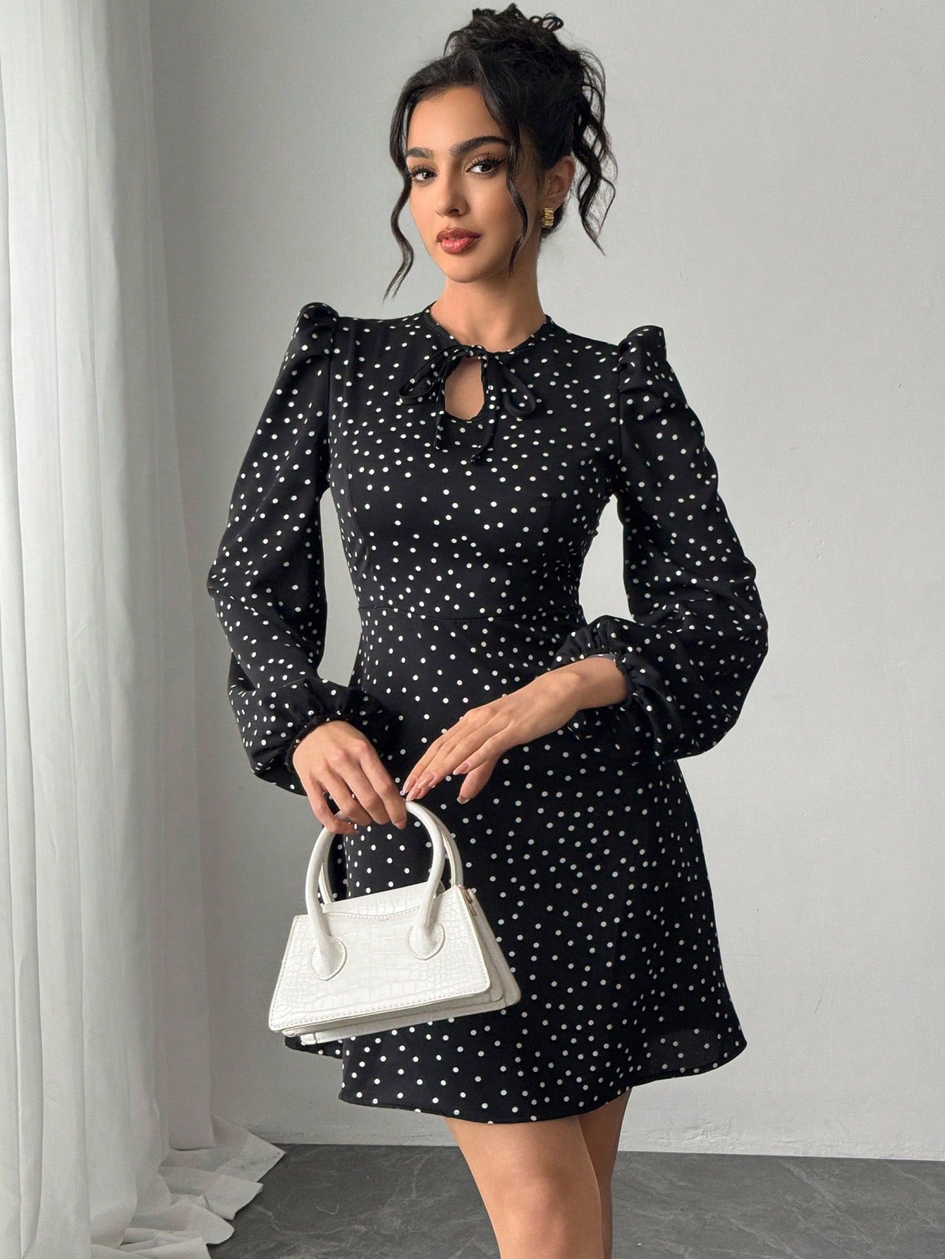 Women’s Woven Fabric Dress, Long Sleeve Design with Bow Detail, Polka Dot Pattern, 1 Piece, For Spring and Autumn Wear