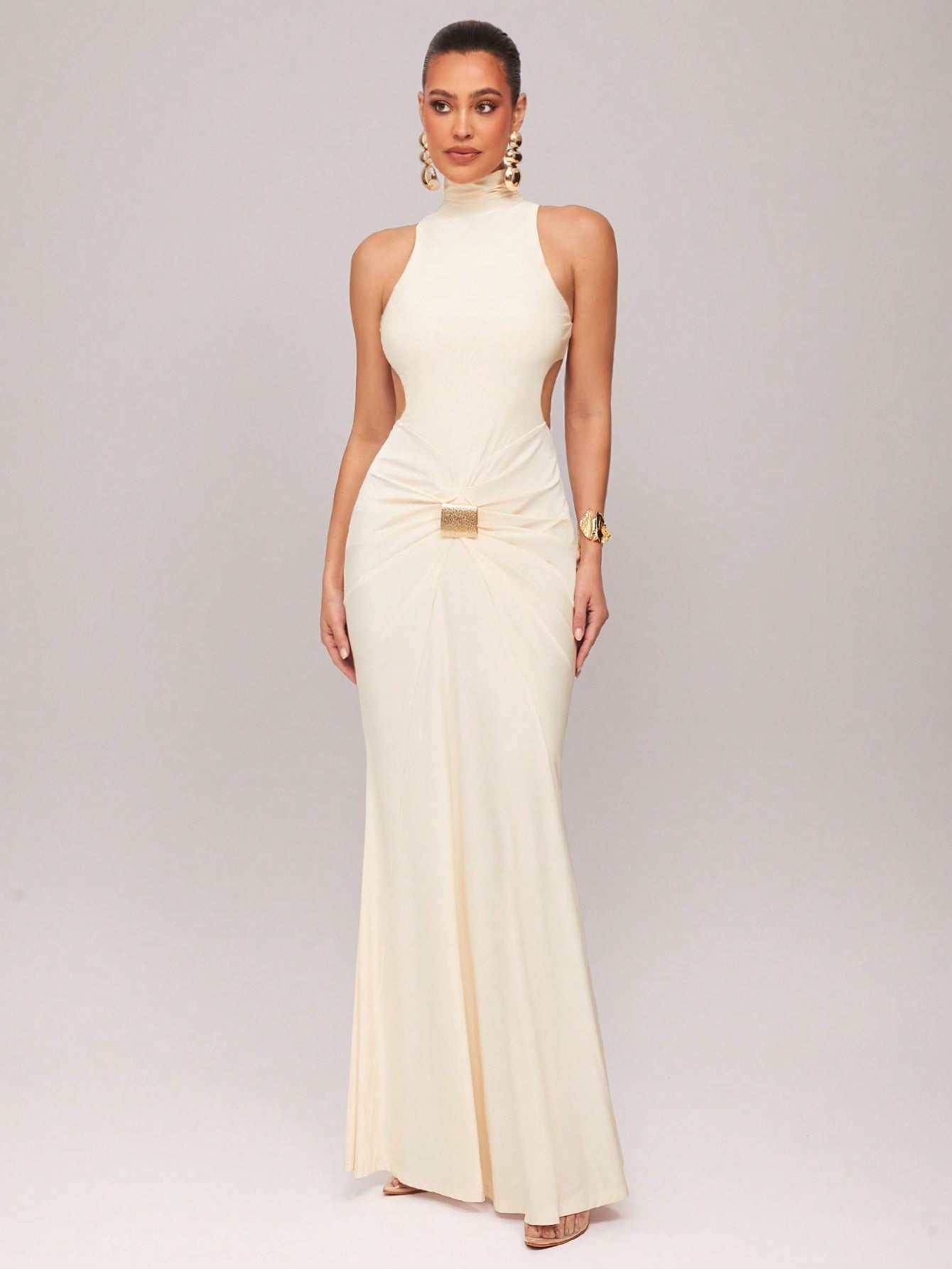 High Neck Long Sleeve Backless Knit Maxi Dress with Metal Buckle Decor for Cocktail, Formal, and Evening Events