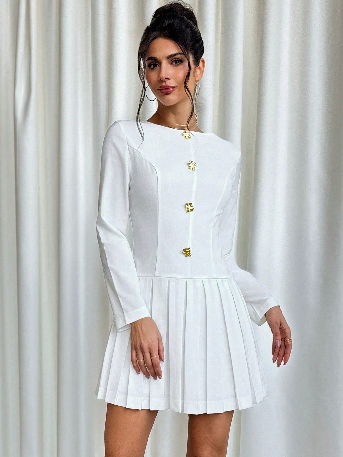 Women’s Woven Fabric A-Line Mini Dress, Long Sleeve Round Neck Design, Pleated Hem Detail, 1 Piece, For Work and Daily Wear