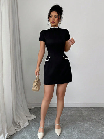 Women’s Woven Fabric Short Sleeve Dress, Stand Collar Design, Ribbon Splice Detail, 1 Piece, For Work and Daily Wear