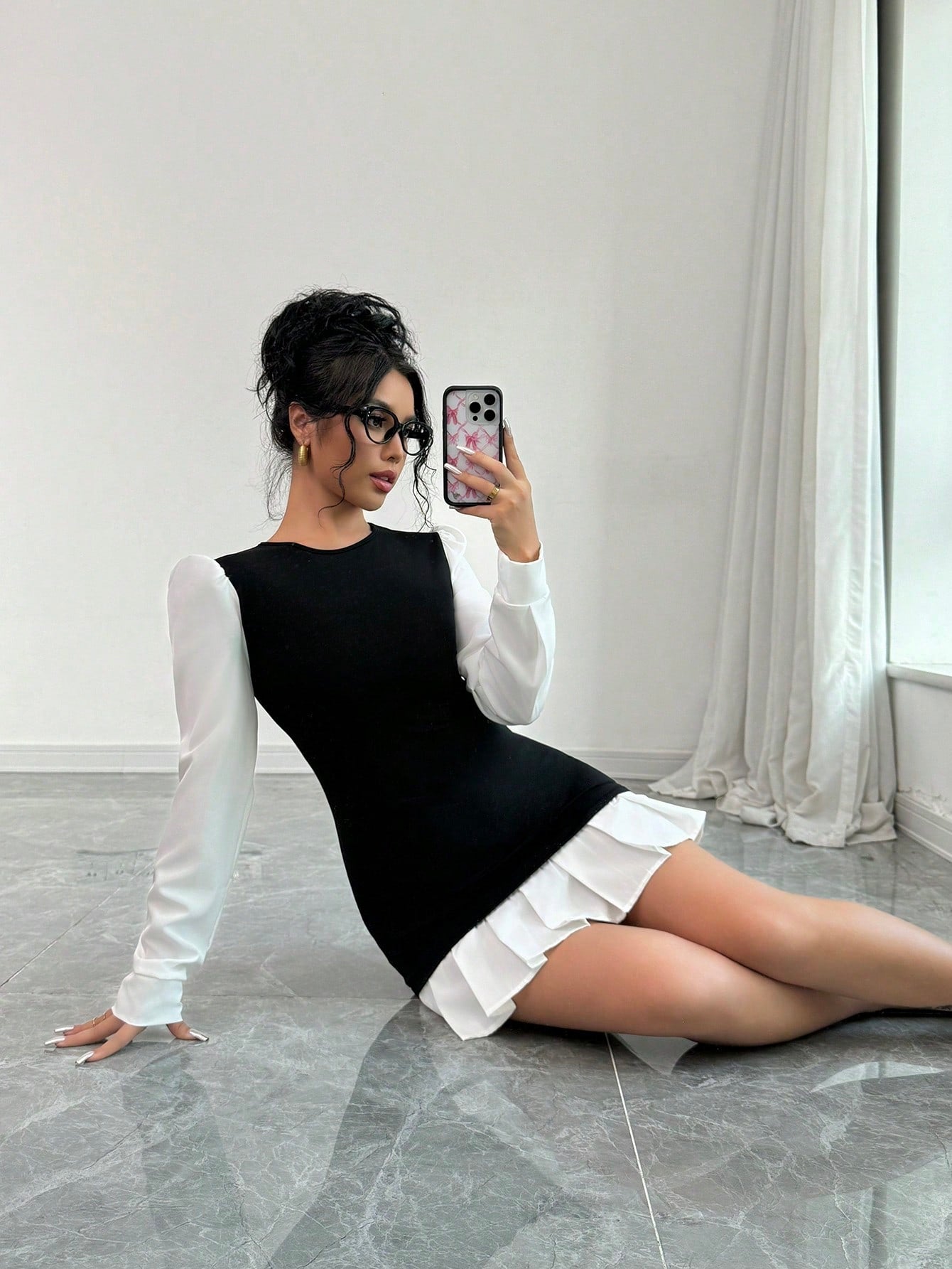 Women’s Woven Fabric Short Dress, Round Neck Pleated Design, Long Sleeve Style, 1 Piece, For Cooler Season Wear