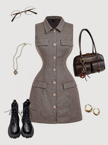 Tweed Collared Sleeveless Dress with Button Front Suit Style Skirt Design for Business Casual Wear