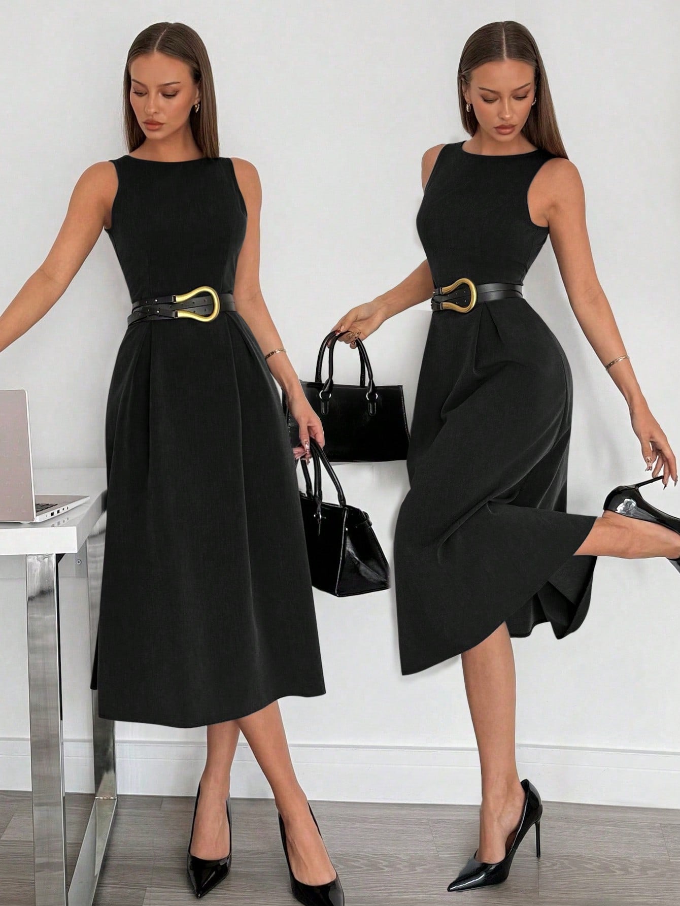 Women’s Woven Fabric Midi Dress, Sleeveless A-Line Design with Pocket Detail, 1 Piece, For Business Casual Wear