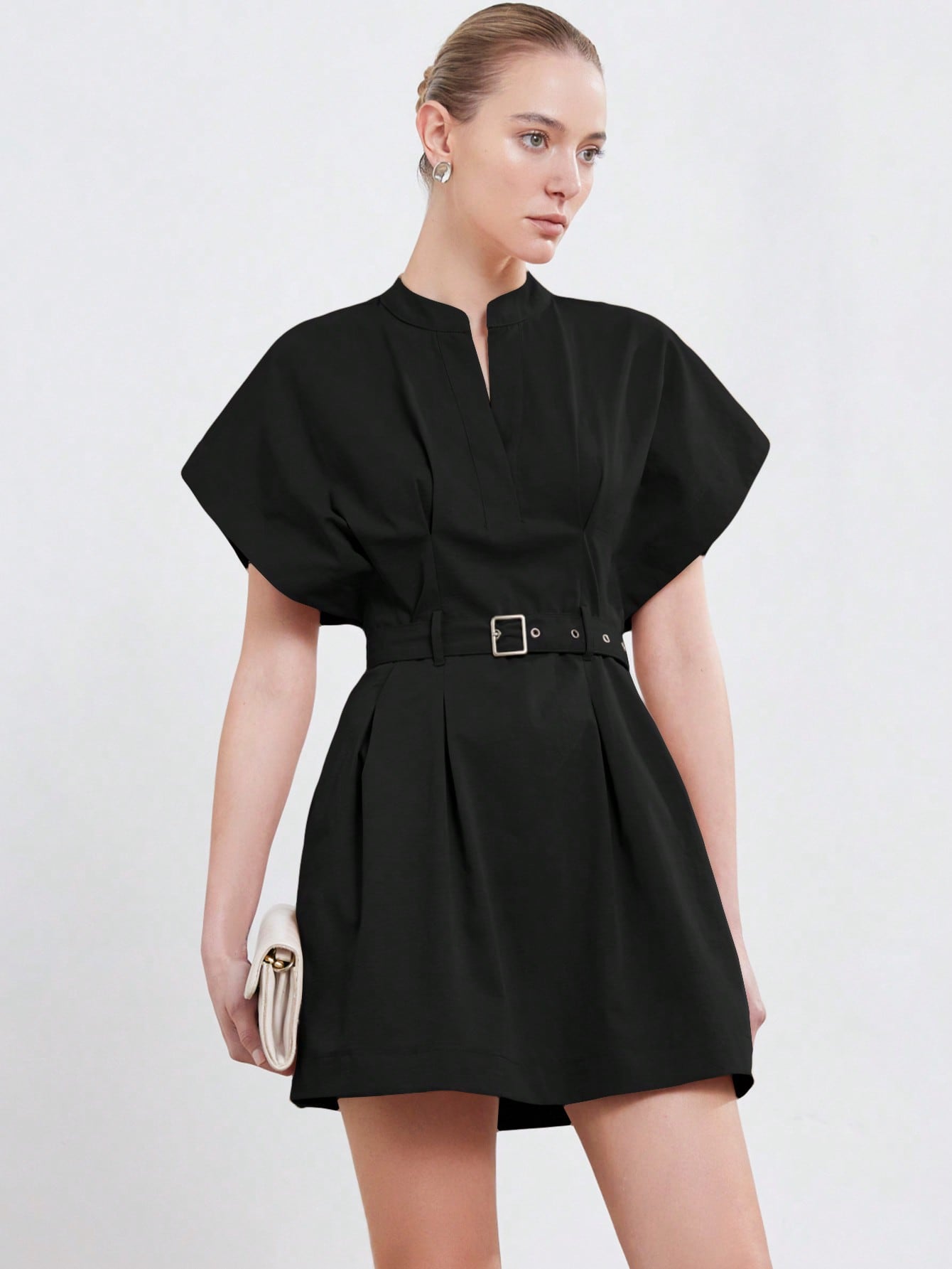 Women’s Woven Fabric A-Line Dress, Stand Collar Round Neck Design, Cap Sleeve Style with Ruched Detail and Belt, 1 Piece, For Commuting and Daily Wear