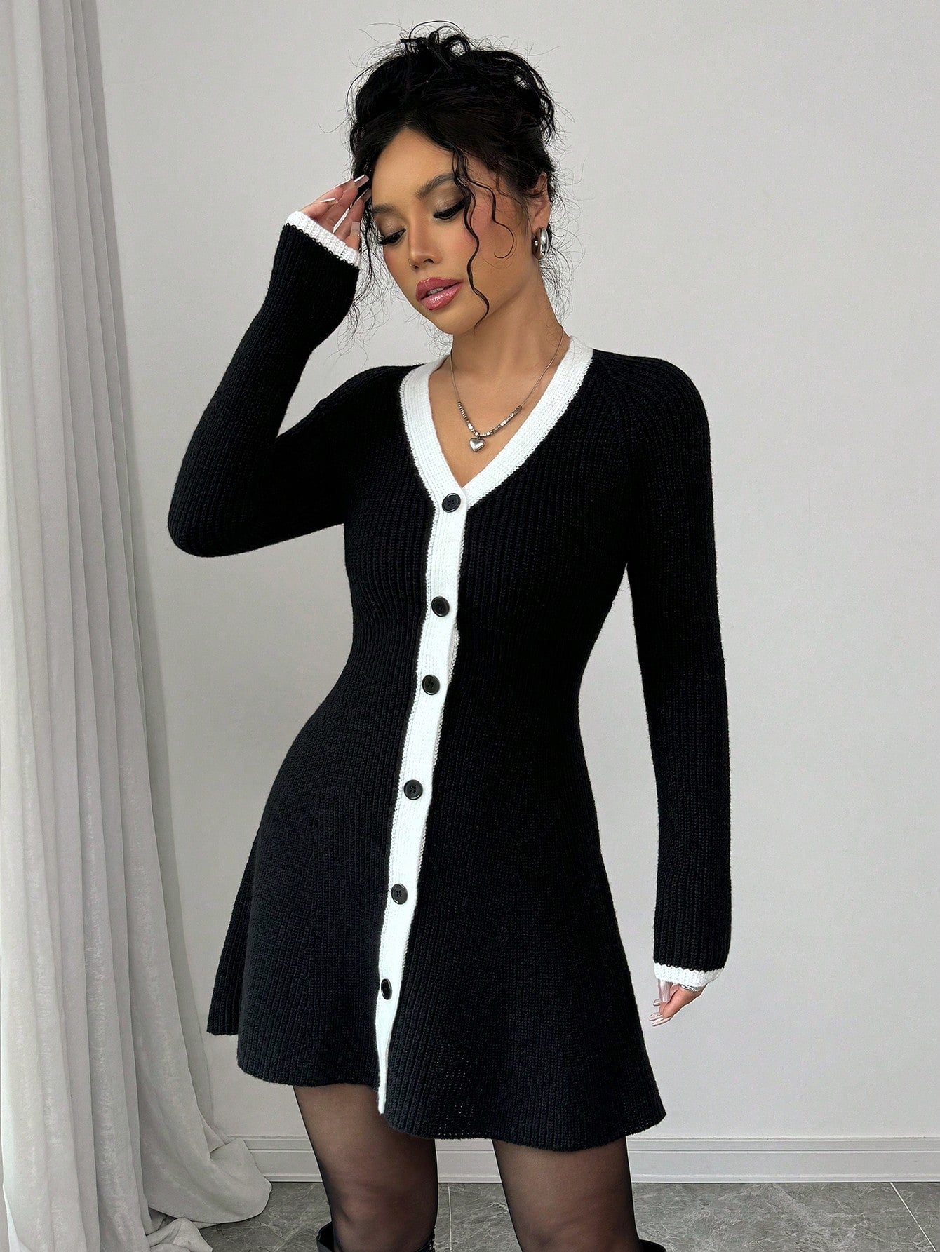 Women’s Knit Fabric A-Line Dress, Long Sleeve Contrast Trim Design, 1 Piece, For Cooler Season Wear