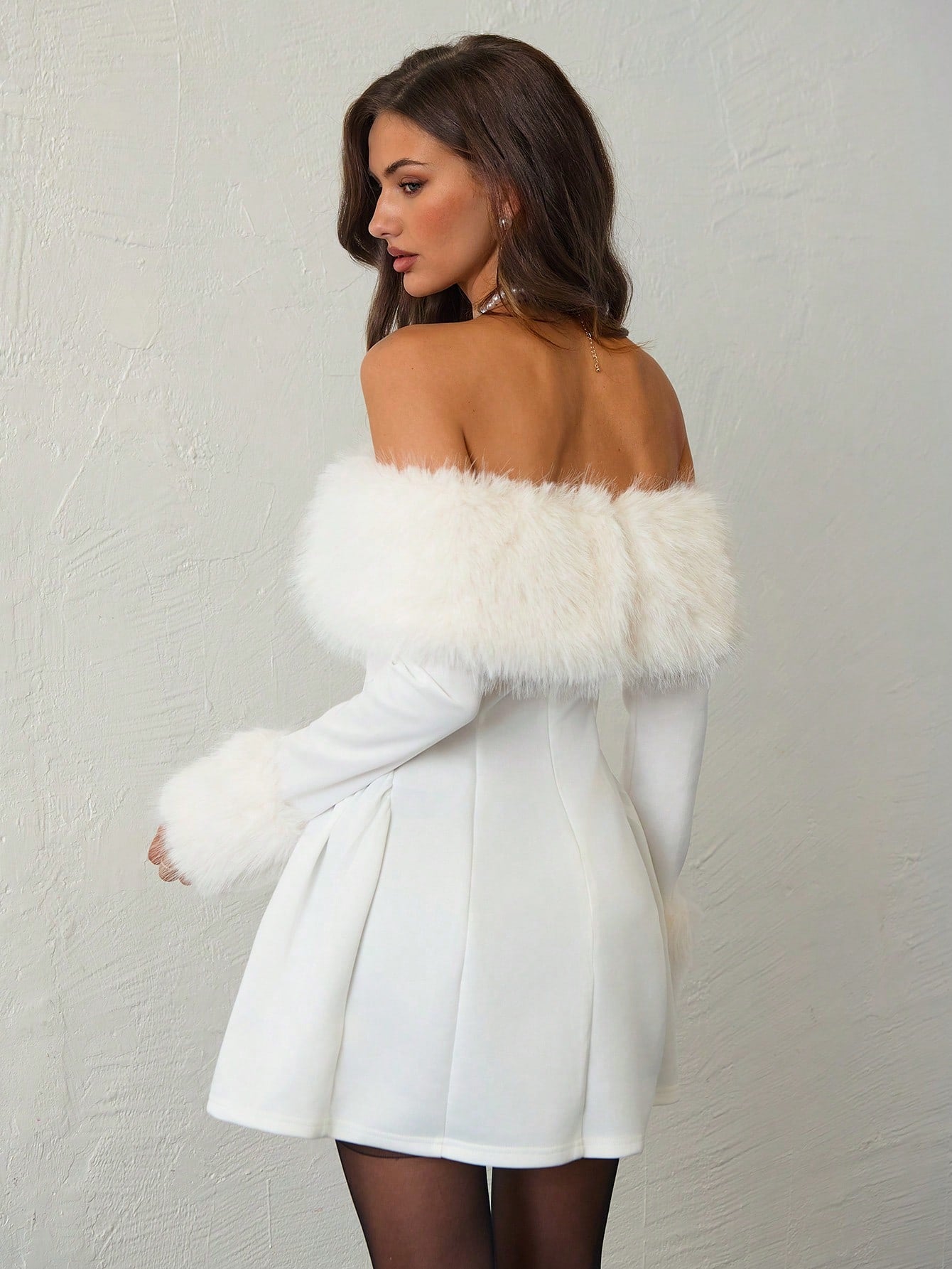 Off-Shoulder Faux Fur Patchwork A-Line Mini Dress for Parties, Gatherings, and Holiday Events