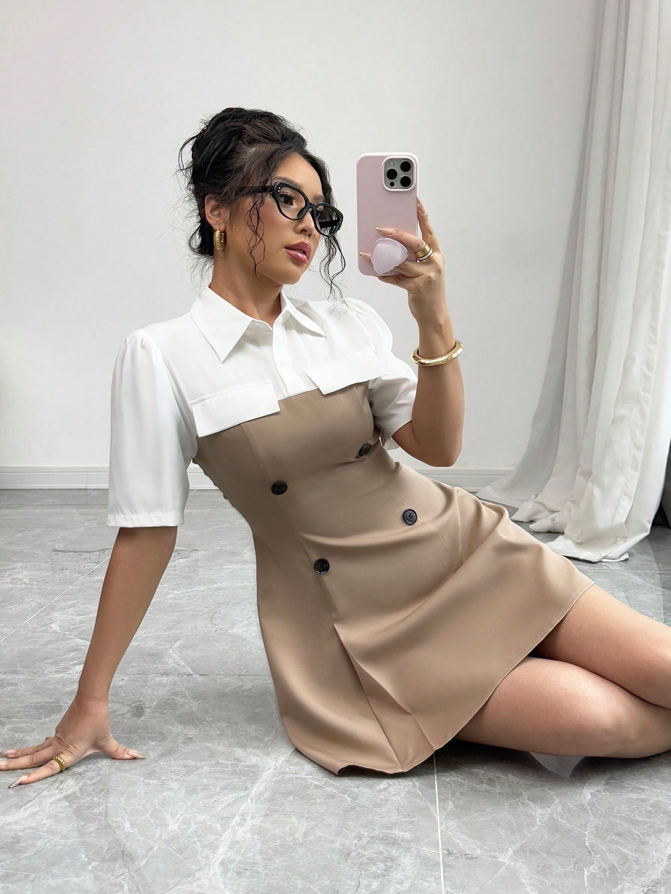 Women’s Woven Fabric Shirt-Style Dress, Short Sleeve Button Front Design, Color Block Detail, 2 In 1 Style, 1 Piece, For Daily Wear