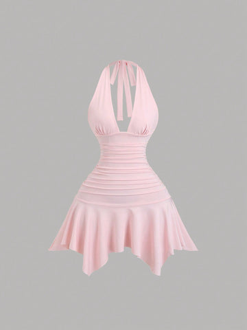 Solid Color Mini Dress Neutral Color Single Piece Asymmetrical Hem Waist Detail Design For Daily Styling