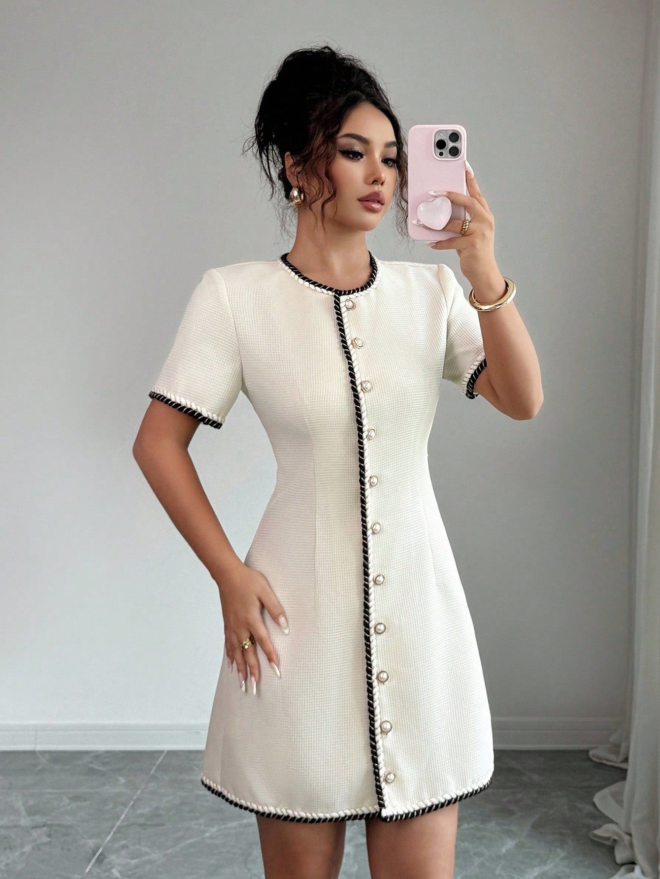 Women’s Woven Fabric Short Dress, Round Neck Design with Button Detail and Waist Trim, 1 Piece, For Spring and Summer Wear