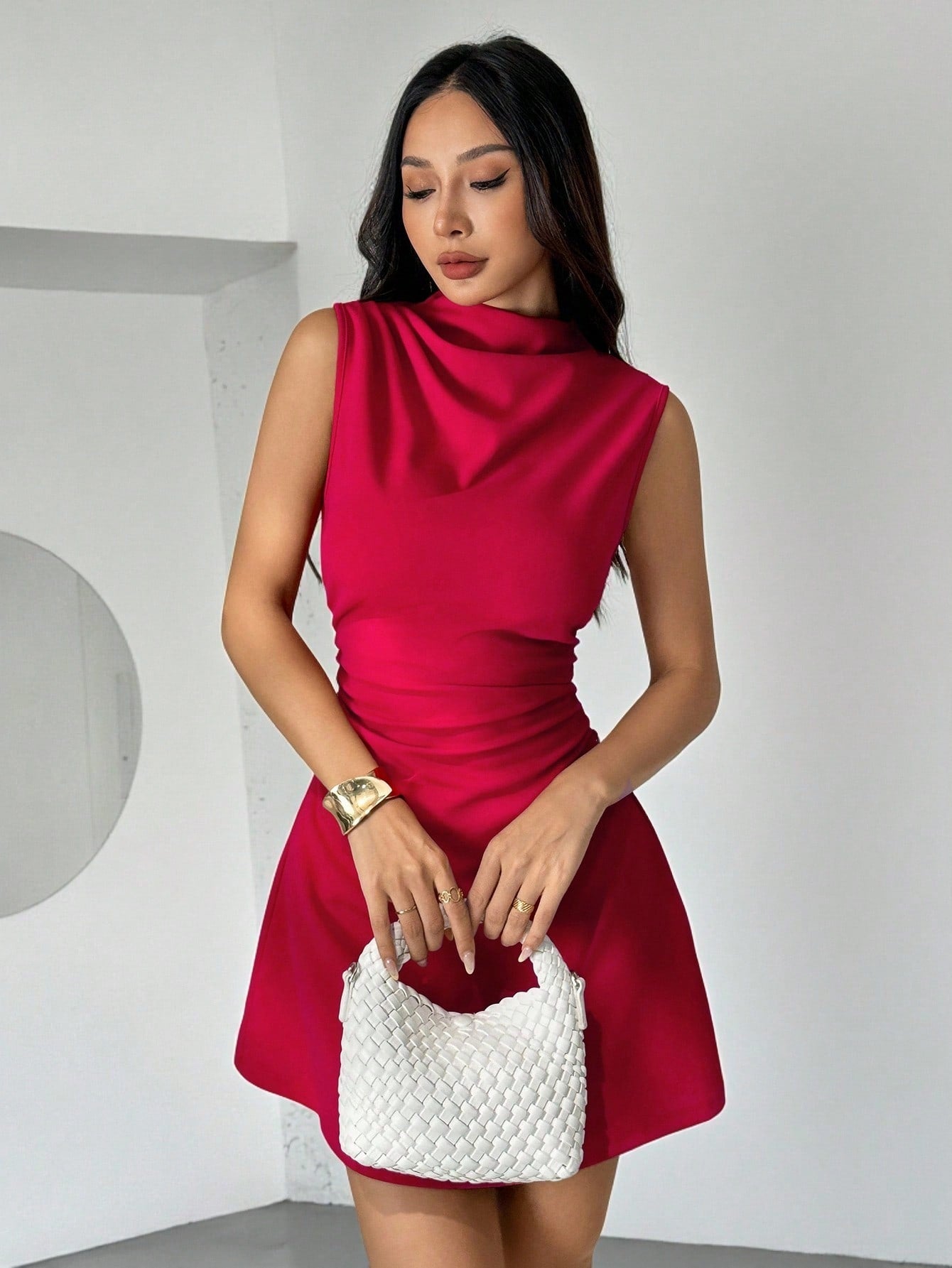 Women’s Woven Fabric A-Line Mini Dress, Pleated Design, Sleeveless Style, 1 Piece, For Daily and Commuting Wear