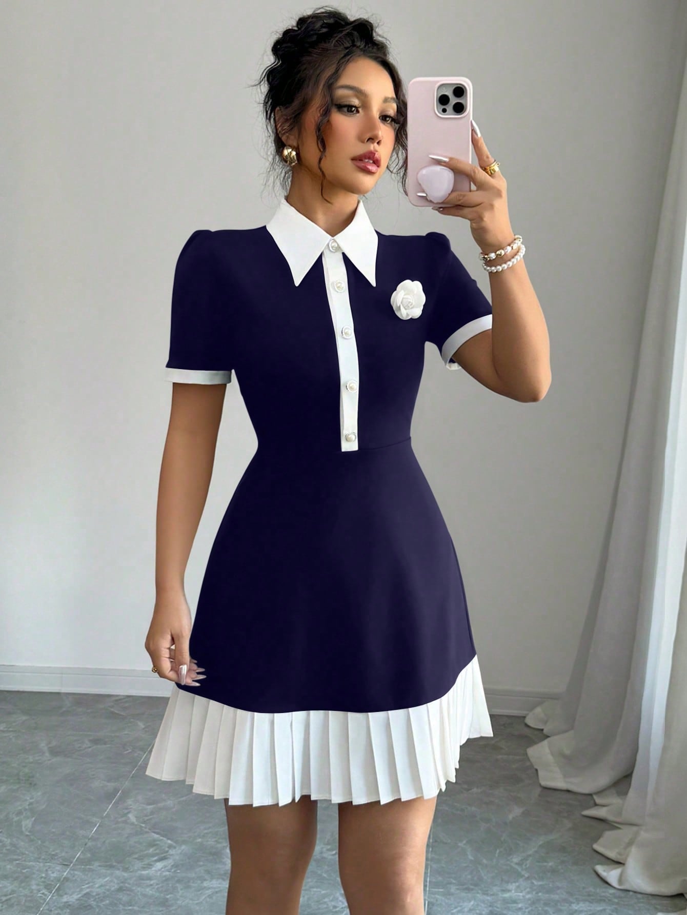 Women’s Woven Fabric Mini Dress, Half-Open Collar Design with Decorative Floral Detail, 1 Piece, For Everyday Wear