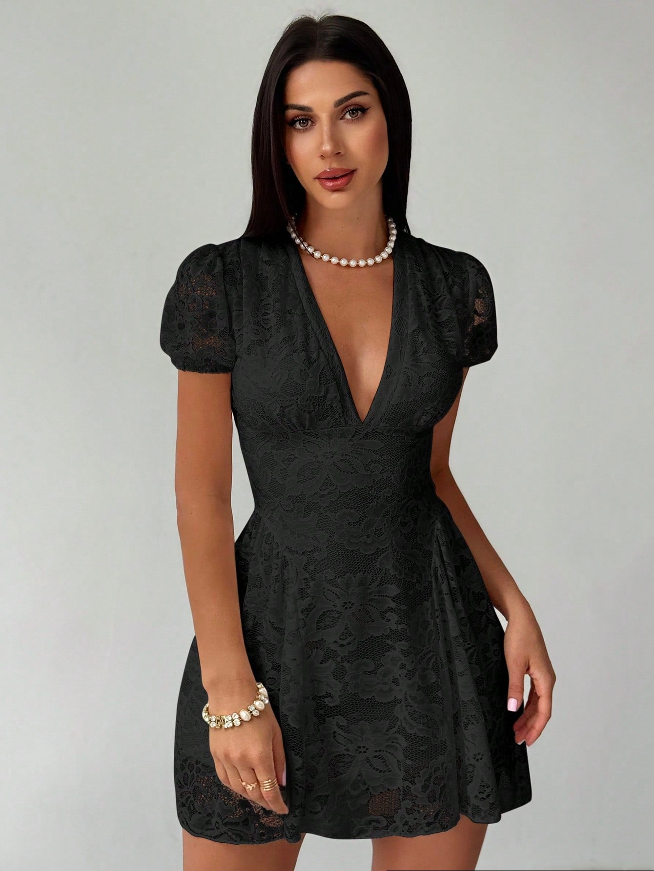 Women’s Woven Fabric Mini Dress, V-Neck Design with Puff Sleeve and Lace Detail, 1 Piece, For Spring and Summer Wear