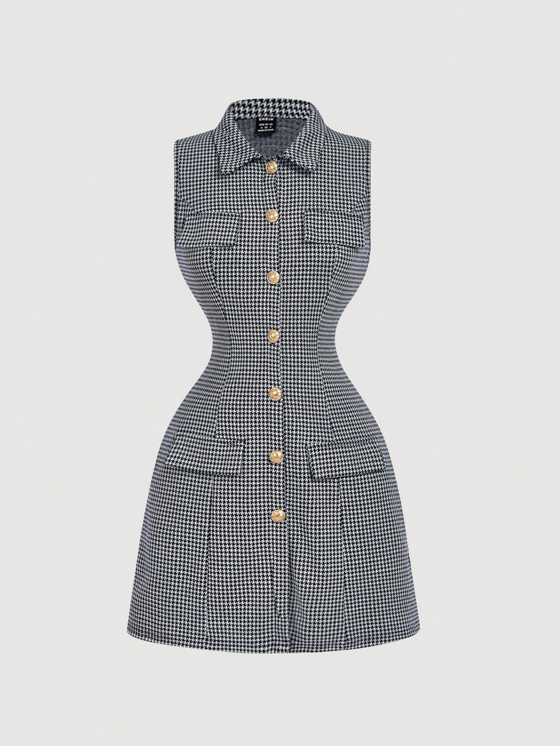 Tweed Collared Sleeveless Dress with Button Front Suit Style Skirt Design for Business Casual Wear