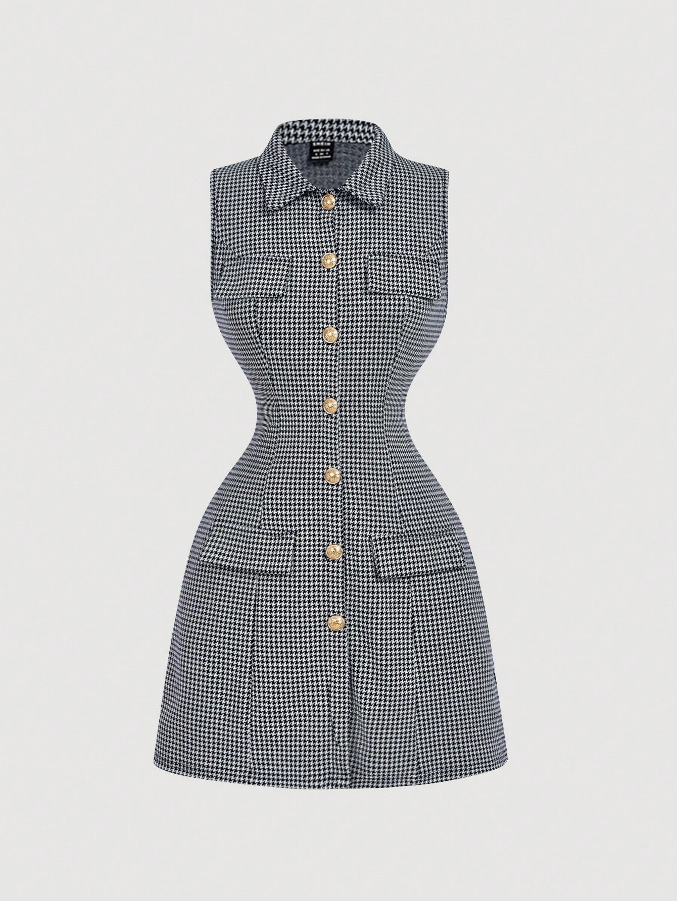 Tweed Collared Sleeveless Dress with Button Front Suit Style Skirt Design for Business Casual Wear