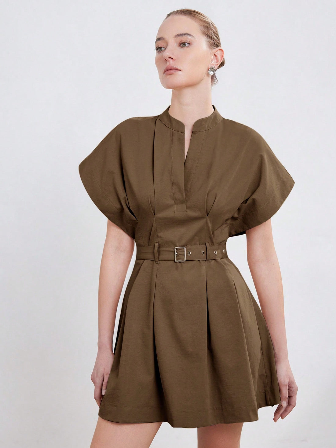 Women’s Woven Fabric A-Line Dress, Stand Collar Round Neck Design, Cap Sleeve Style with Ruched Detail and Belt, 1 Piece, For Commuting and Daily Wear