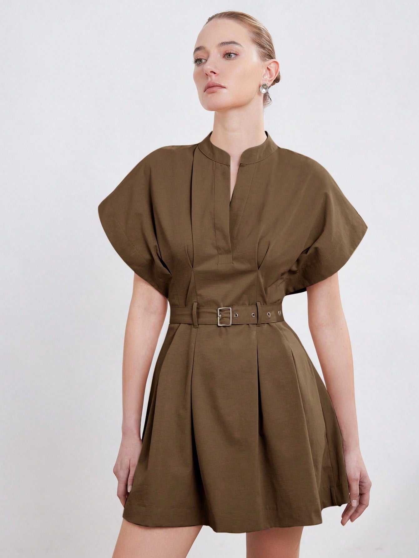 Women’s Woven Fabric A-Line Dress, Stand Collar Round Neck Design, Cap Sleeve Style with Ruched Detail and Belt, 1 Piece, For Commuting and Daily Wear
