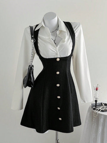 Women’s Textured Fabric Short Dress, Polo Collar Design, Faux Layered Detail, A-Line Silhouette, 1 Piece, For Everyday Styling